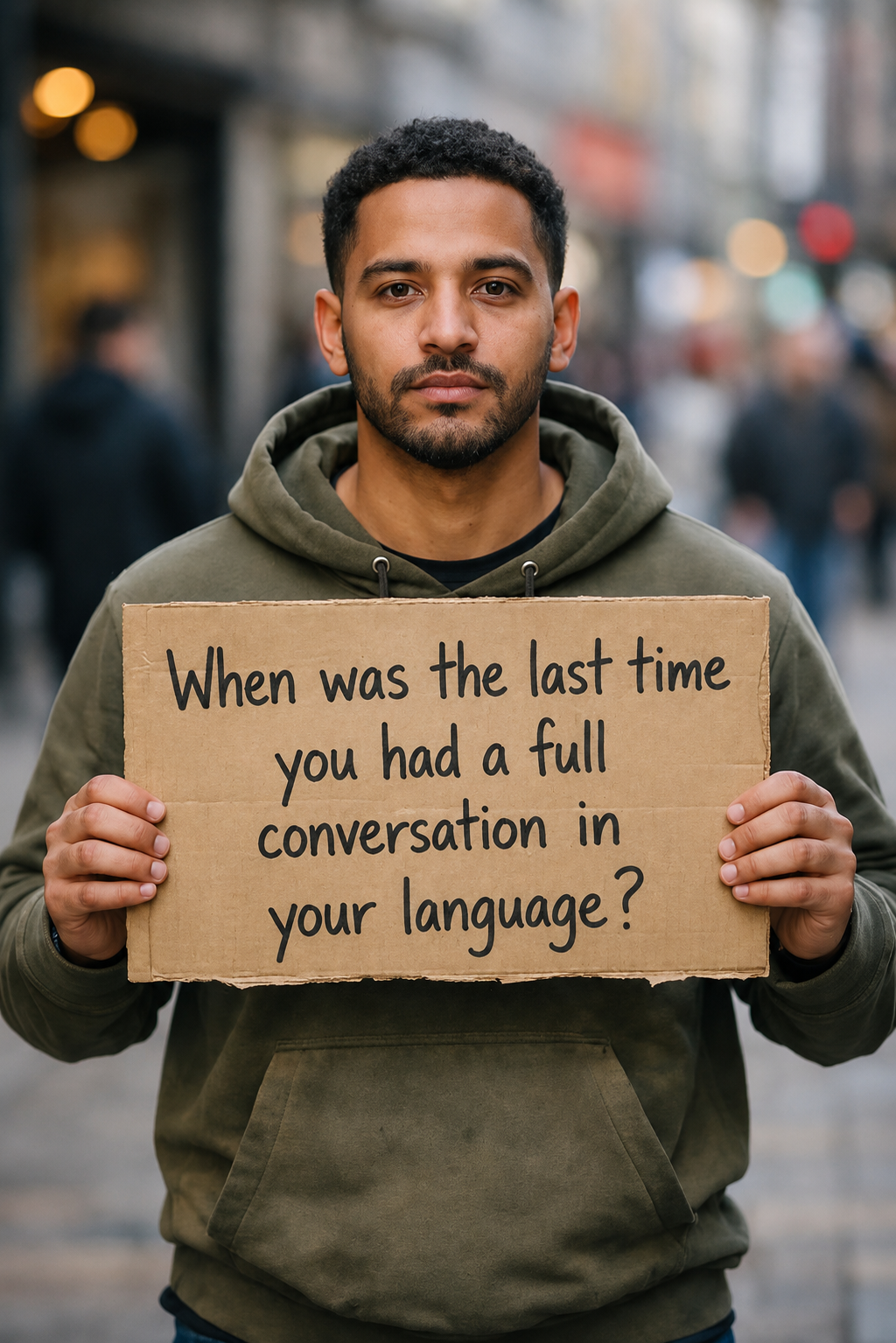 A man on a street holding a cardboard sign that reads: When was the last time you had a full conversation in your language?